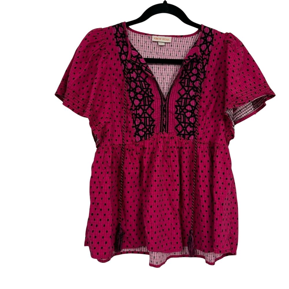 Knox Rose Fushia & Blue Embroidered Boho Blouse Womens S Babydoll Beachy Summer